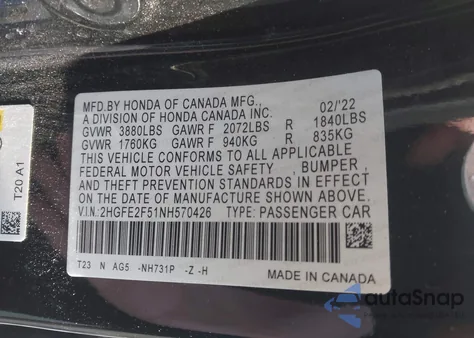 2022 Honda Civic Sport from USA, damaged, VIN 2HGFE2F51NH570426